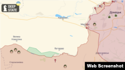 Мапа Deep State станом на 11.11.2022 року. Зеленим позначена звільнена територія, червона стрілка вказує напрям наступу росіян