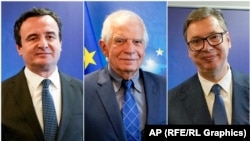 Kolažna slika, premijer Kosova Aljbin Kurti, visoki predstavnik EU za spoljnu politiku Žozep Borelj i predsednik Srbije Aleksandar Vučić.