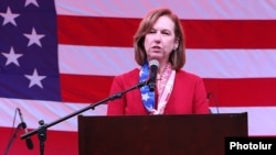 Armenia - U.S. Ambassador Kristina Kvien gives a speech during an Independence Day reception at the U.S. Embassy in Yerevan, June 29, 2023.