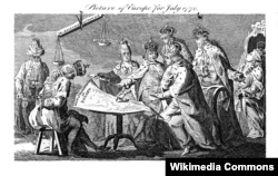 Англійська карикатура 1772 року на Перший поділ Речі Посполитої/ Катерина ІІ (Росія), Фрідріх ІІ (Пруссія) та Йосиф ІІ (Австрія) вирішують долю Польщі. Польський король Станіслав-Август зв’язаний, а інші монархи усунуті від вирішення цього питання