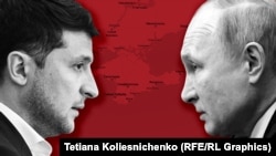 Президент України Володимир Зеленський (праворуч) та російський президент Володимир Путін на тлі Криму. Фотоколаж