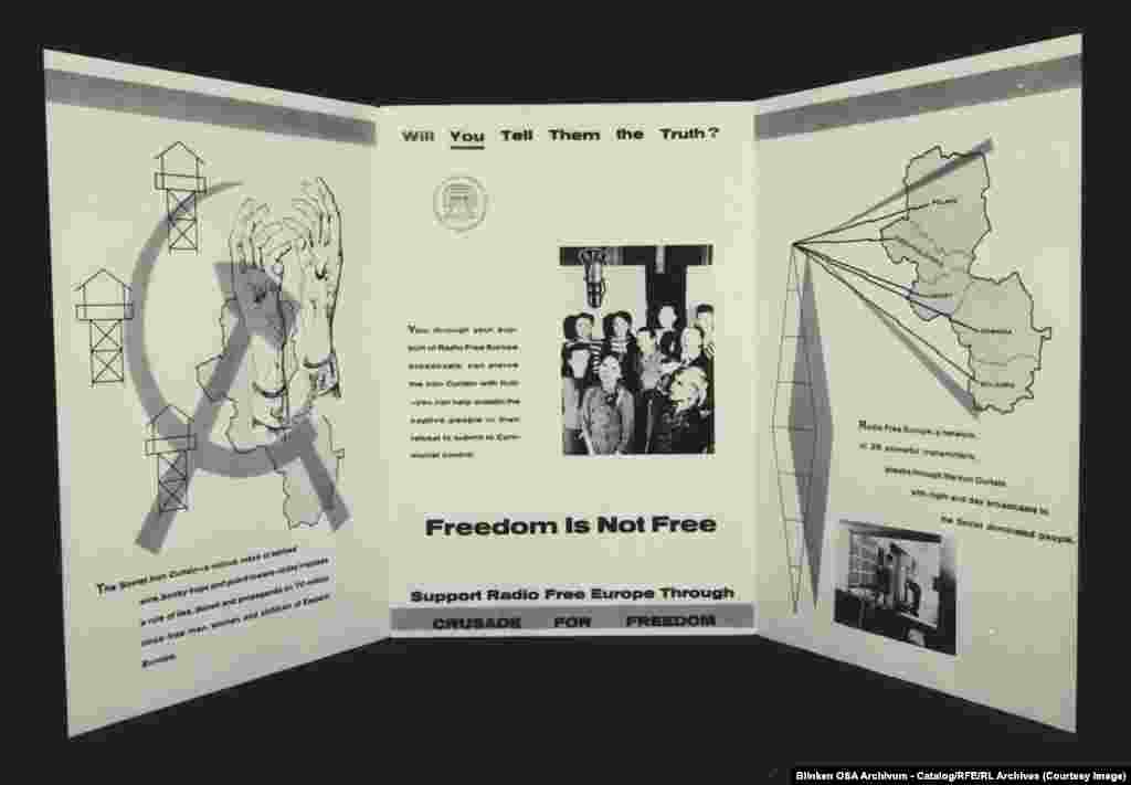 Брошюра с призывом делать пожертвования в поддержку РСЕ.Часть финансирования РСЕ поступала от частных пожертвований, но большая часть операций негласно финансировалась ЦРУ США. Это обстоятельство позволило РСЕ быть "прямолинейным и жестким", не будучи сдерживаемым затруднительными дипломатическими обстоятельствами, влияющими на вещателей с государственным финансированием.