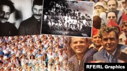 Коллаж. Фото разных эпох истории «Артека». Гости лагеря: в верхнем углу Иосиф Сталин, в нижнем – Юрий Гагарин