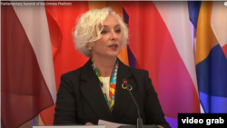 Спикер Сейма Латвии Дайга Миериня во время выступления на Третьем парламентском саммите «Крымской платформы». Рига, Латвия, 24 октября 2024 год
