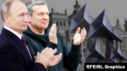 Глава РФ Владимир Путин и российский телеведущий Владимир Соловьев, коллаж