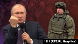 Коллаж: Путин, жители Курской области и военный