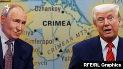 Президент Росії Володимир Путін і президент США Дональд Трамп на тлі мапи анексованого Криму. Колаж
