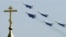 Российские самолеты на фоне креста на куполе православного храма. Россия, 2007 год