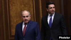 Armenia - Prime Minister Nikol Pashinian and speaker Alen Simonian arrive for a session in parliament, February 12, 2025.