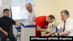 Кандидати на посаду президента України Володимир Зеленський (ліворуч) і Петро Порошенко здають аналізи на вміст наркотичних речовин та алкоголю в організмі