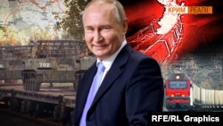 Володимир Путін на тлі військової техніки, мапи та залізниці, що з'єднує Донбас із Кримом. Колаж