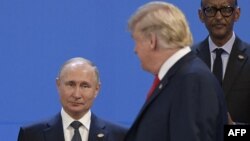 Президент США Дональд Трамп (праворуч) дивиться на президента Росії Володимира Путіна, 30 листопада 2018 року