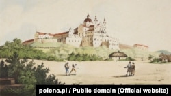 Почаєвський монастир у XVIII сторіччі. Під цією літографією, виданій до 1900 року, в підписі зазначено: «Намальовано з натури на камені Я. Собкевичем»