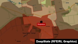 Покровськ на мапі DeepState станом на 10 грудня 2025 року. Червоним позначена територія, підконтрольна армії РФ