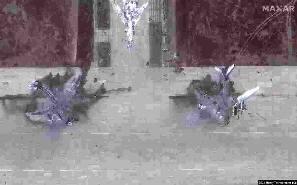 Russiýanyň gündogar Irkutsk sebitindäki Belaýa howa bazasynda "Tu-95" kysymly uçarlarynyň 1-nji iýunda Ukrainanyň pilotsyz hüjüminden öňki we soňky şekilleri. Maksar satellit suratlary.