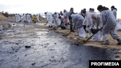 Волонтери прибирають просочений нафтою пляжний пісок поблизу чорноморського курортного міста Анапа