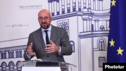 Եվրոպական խորհրդի նախագահ Շառլ Միշելը Երևանում ասուլիսի ժամանակ, 17-ը հուլիսի, 2021թ.