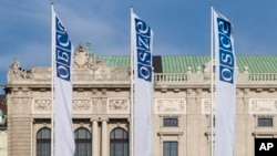 Austria - Flags wave in the wind in front of the entrance of the Permanent Council of the Organization for Security and Cooperation in Europe, in Vienna, February 15, 2022.