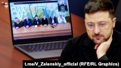 Уладзімір Зяленскі размаўляе з вызваленымі беларускімі палітвязьнямі. Каляж