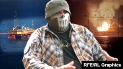 Боєць із позивним «Очерет» із 2-го загону спеціальних дій «Корд» ім. Владислава Пелешенка у складі «Спецпідрозділу Тимура» ГУР МО України на тлі газовидобувних платформ у Чорному морі. Колаж