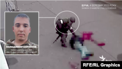 Сержант 234-го ДШП (Псков, РФ) Володимир Борзунов обшуковує вбитого цивільного бучанця Володимира Рубайла. Буча, вулиця Яблунська, 4 березня 2022 року